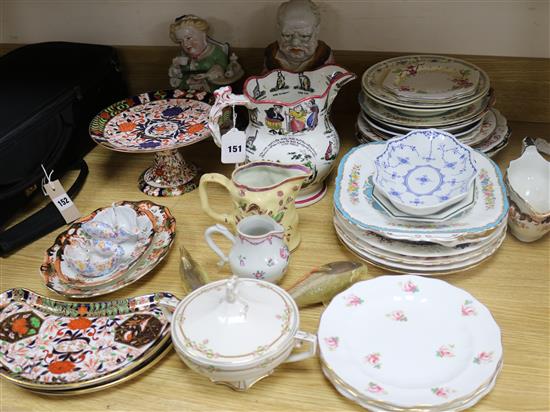 A collection of assorted ceramics including a 1835 animal jug, Crown Derby dishes and German porcelain